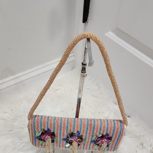 🔹️Made In india🔹️ Viral Floral Colorful Striped Beaded Fringe Shoulder Bag - Picture 4 of 10